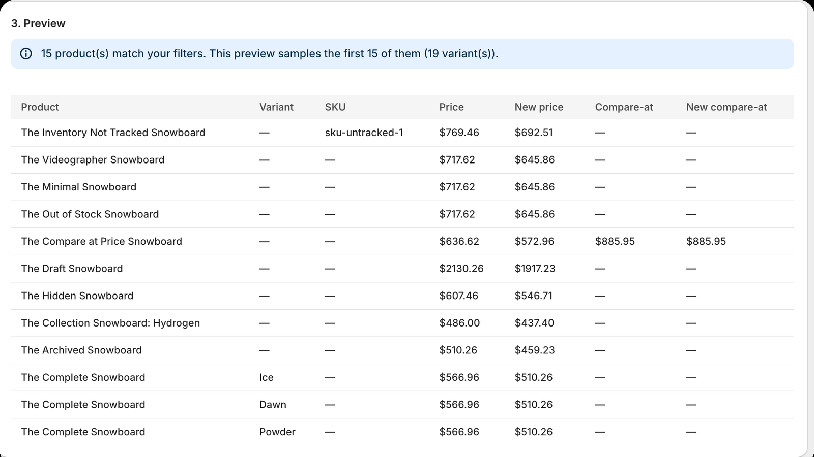 PriceSafe preview showing old and new Shopify variant prices
