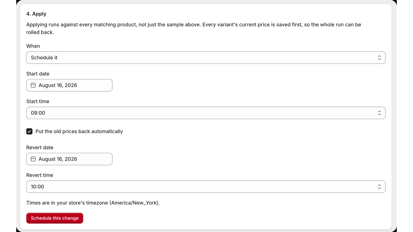 PriceSafe scheduling a Shopify price change and automatic revert